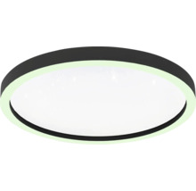 Ronde LED plafondlamp met een zwart frame en een wit verlicht midden met sterreneffect.