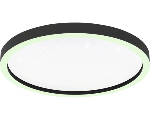 Ronde LED plafondlamp met een zwart frame en een wit verlicht midden met sterreneffect.