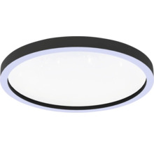 Ronde LED-plafondlamp met zwarte rand en sterrenhemel-effect.
