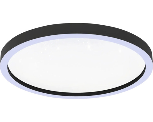 Ronde LED-plafondlamp met zwarte rand en sterrenhemel-effect.
