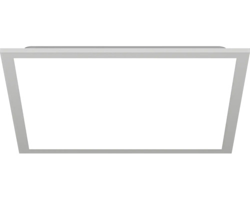 Vlak, rechthoekig LED-paneel voor plafondmontage met zilveren frame.