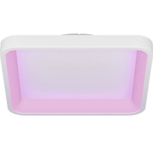 Vierkante LED-plafondlamp met afgeronde hoeken, witte behuizing en roze verlichte binnenkant.