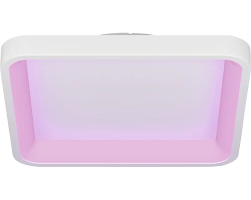 Vierkante LED-plafondlamp met afgeronde hoeken, witte behuizing en roze verlichte binnenkant.
