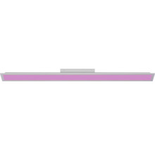 Slanke, rechthoekige LED-paneellamp met roze licht en centrale bevestiging.
