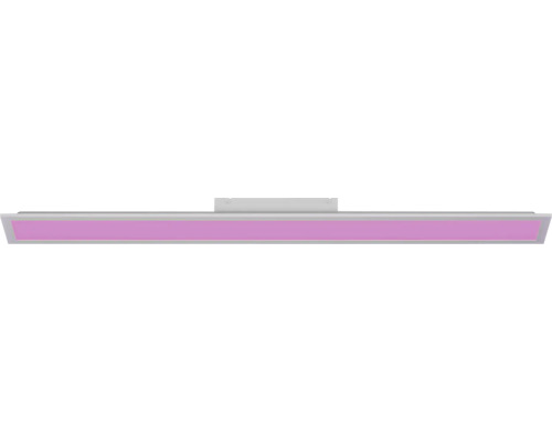 Slanke, rechthoekige LED-paneellamp met roze licht en centrale bevestiging.