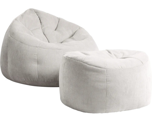 Zitzak en bijpassende hocker van lichtgrijze corduroy stof.