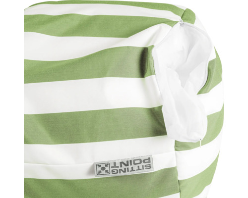 Groen-wit gestreepte zitzak met ritssluiting, witte binnenzak en Sitting Point Logo.