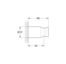 Technische tekening van een deurbuffer met een diameter van 37 millimeter, een totale lengte van 68 millimeter en een diepte tot de inkeping van 53 millimeter.