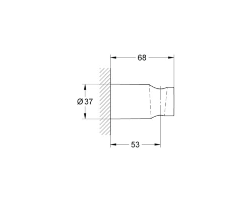 Technische tekening van een deurbuffer met een diameter van 37 millimeter, een totale lengte van 68 millimeter en een diepte tot de inkeping van 53 millimeter.