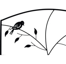 Detail van een metalen plantensteun met vogelmotief op een tak.