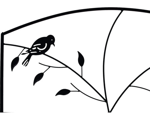 Detail van een metalen plantensteun met vogelmotief op een tak.