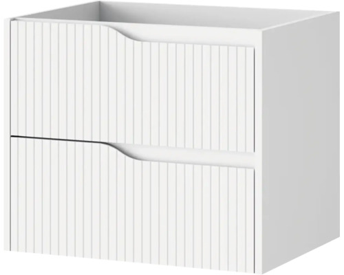 Witte wastafelonderkast met twee laden en verticaal ribbelprofiel.