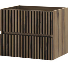 Wastafelonderkast met twee laden in houtlook en verticale lamellenstructuur aan de voorzijde.