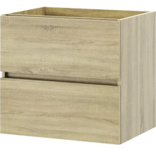 Wastafelonderkast met twee laden in houtlook en geïntegreerde greeplijst.