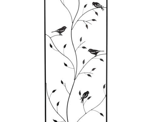 Rechthoekige metalen wanddecoratie met takken, bladeren en vier vogels in silhouetstijl.