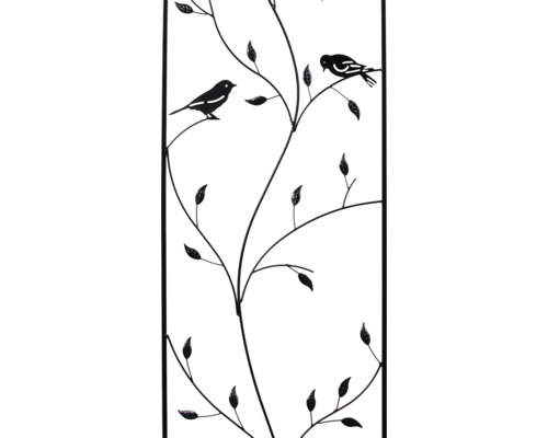 Metalen klimplantensteun met decoratief vogel- en takmotief.