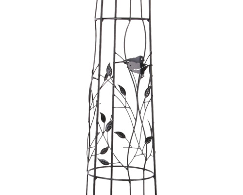 Metalen plantensteun met decoratieve bladeren en vogels, obelisk voor klimplanten.