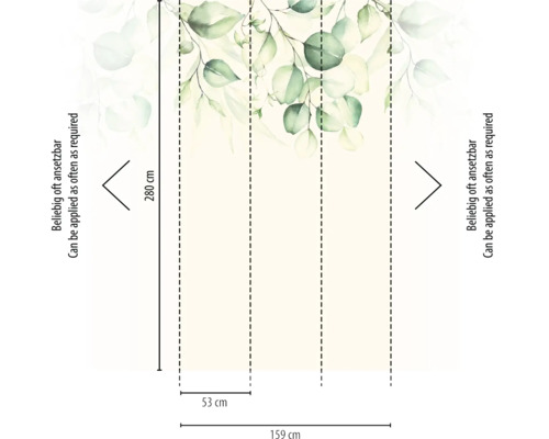 Fotobehang met groen bladmotief, afmetingen 280 centimeter hoog en 159 centimeter breed, 3 banen van 53 centimeter, eindeloos herhaalbaar.