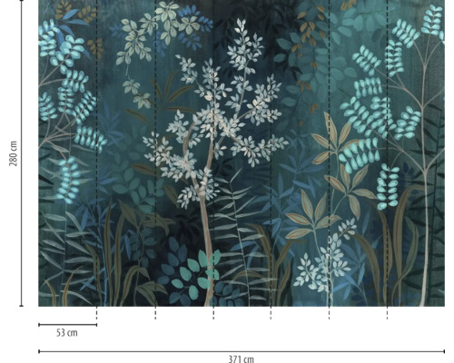 Fotobehang met blad- en bosmotief, 371 centimeter breed en 280 centimeter hoog, baanbreedte 53 centimeter.