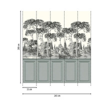 Fotobehang met bosmotief en wandpaneel-look, hoogte 280 centimeter, breedte 265 centimeter, bestaande uit 5 banen van elk 53 centimeter.