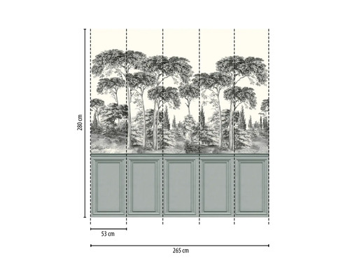 Fotobehang met bosmotief en wandpaneel-look, hoogte 280 centimeter, breedte 265 centimeter, bestaande uit 5 banen van elk 53 centimeter.