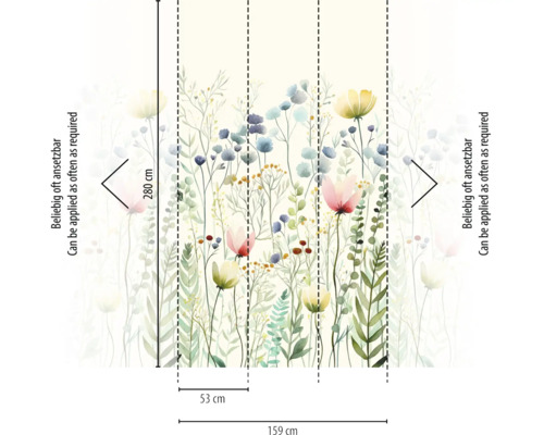Vliesbehang met bloemenweide-motief in aquarellook. Hoogte 280 centimeter, breedte 159 centimeter.