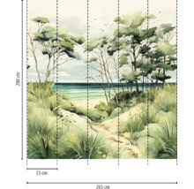 Fotobehang met duinlandschap en zee in aquarelstijl, bestaande uit vijf banen, afmetingen 265 bij 280 centimeter.