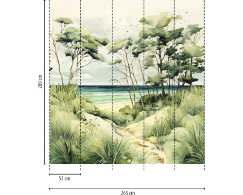Fotobehang met duinlandschap en zee in aquarelstijl, bestaande uit vijf banen, afmetingen 265 bij 280 centimeter.