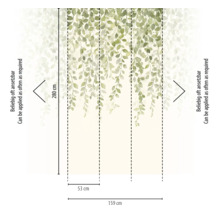 Vliesbehang met hangend aquarel bladmotief, hoogte 280 centimeter, breedte 159 centimeter uit drie banen, oneindig uitbreidbaar.