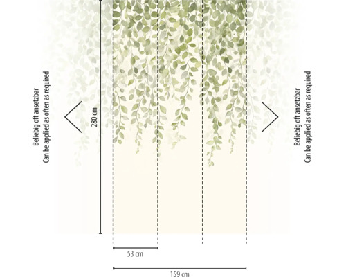 Vliesbehang met hangend aquarel bladmotief, hoogte 280 centimeter, breedte 159 centimeter uit drie banen, oneindig uitbreidbaar.