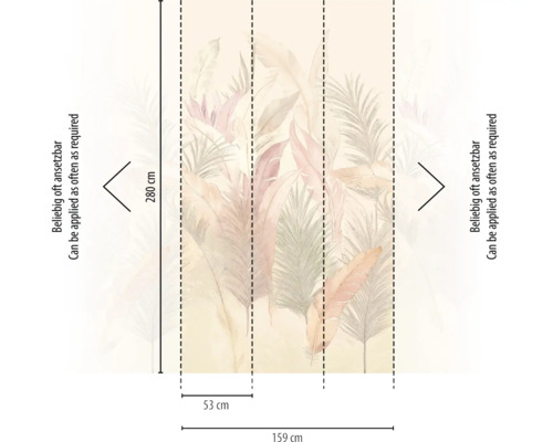 Vliesbehang met patroon van veren en bladeren, hoogte 280 centimeter, breedte 159 centimeter, drie banen van 53 centimeter, oneindig herhaalbaar.