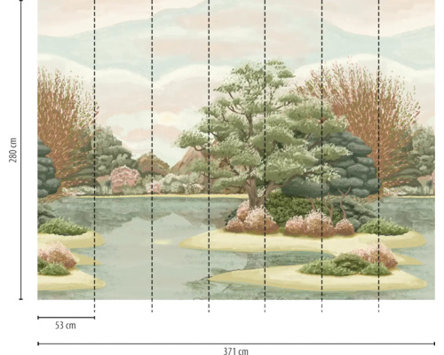 Fotobehang met geschilderd merenlandschap, bomen en eilanden. Breedte 371 centimeter, hoogte 280 centimeter, baanbreedte 53 centimeter.