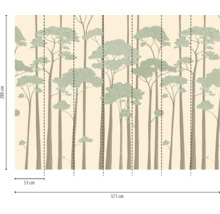Vliesbehang met bosmotief en gestileerde bomen. Breedte 371 centimeter, hoogte 280 centimeter. Afzonderlijke banen 53 centimeter breed.