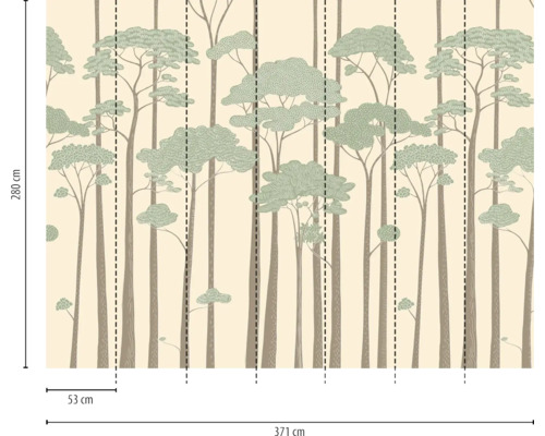 Vliesbehang met bosmotief en gestileerde bomen. Breedte 371 centimeter, hoogte 280 centimeter. Afzonderlijke banen 53 centimeter breed.