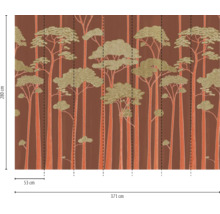 Fotobehang met bosmotief, gestileerde bomen met gestructureerde kronen, afmetingen 371 centimeter bij 280 centimeter, baanbreedte 53 centimeter.