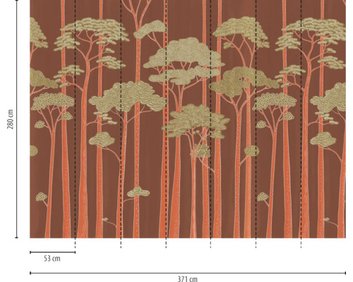 Fotobehang met bosmotief, gestileerde bomen met gestructureerde kronen, afmetingen 371 centimeter bij 280 centimeter, baanbreedte 53 centimeter.