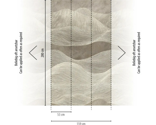 Schematische weergave van fotobehang met abstract golfpatroon. Afmetingen: 280 centimeter hoog, 159 centimeter breed, 53 centimeter per baan.