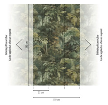 Fotobehang met junglepatroon, hoogte 280 centimeter, totale breedte 159 centimeter, baanbreedte 53 centimeter, naar wens herhaalbaar.