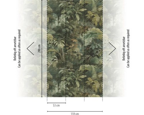 Fotobehang met junglepatroon, hoogte 280 centimeter, totale breedte 159 centimeter, baanbreedte 53 centimeter, naar wens herhaalbaar.