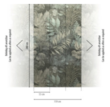 Vliesbehang met botanisch bladpatroon, eindeloos herhaalbaar, hoogte 280 centimeter, totale breedte 159 centimeter, baanbreedte 53 centimeter.