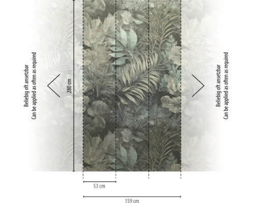 Vliesbehang met botanisch bladpatroon, eindeloos herhaalbaar, hoogte 280 centimeter, totale breedte 159 centimeter, baanbreedte 53 centimeter.