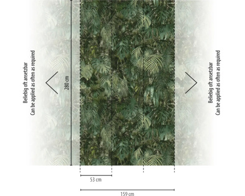 Vliesbehang met jungle-motief van tropische bladeren, hoogte 280 centimeter, breedte 159 centimeter, oneindig uitbreidbaar.