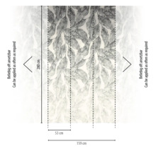 Fotobehang met bladmotief, hoogte 280 centimeter, breedte 159 centimeter uit drie banen van 53 centimeter, oneindig herhaalbaar patroon.