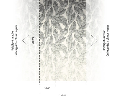 Fotobehang met bladmotief, hoogte 280 centimeter, breedte 159 centimeter uit drie banen van 53 centimeter, oneindig herhaalbaar patroon.