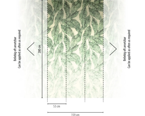 Vlies fotobehang met bladeren, hoogte 280 centimeter, breedte 159 centimeter, oneindig herhaalbaar, baanbreedte 53 centimeter.
