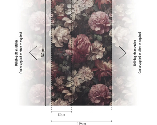 Fotobehang met groot bloemenpatroon, afmetingen 159 bij 280 centimeter, bestaande uit drie banen van elk 53 centimeter, willekeurig herhaalbaar.