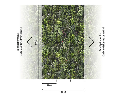 Vlies fotobehang met een dicht plantenpatroon van een verticale tuin. Hoogte 280 centimeter, breedte 159 centimeter, baanbreedte 53 centimeter.
