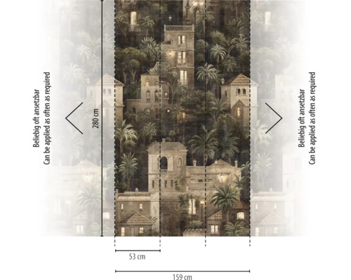 Vliesbehang met mediterraan stadsmotief en palmbomen. Hoogte 280 centimeter, breedte 159 centimeter, 3 banen van 53 centimeter.