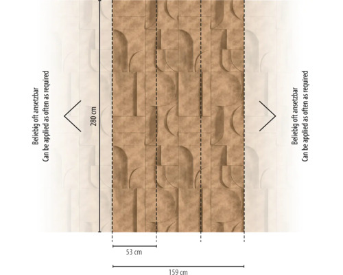 Vliesbehang met geometrisch 3D-steenpatroon. Afmetingen: 280 centimeter hoog, 53 centimeter breed per baan, kan herhaald worden toegepast.