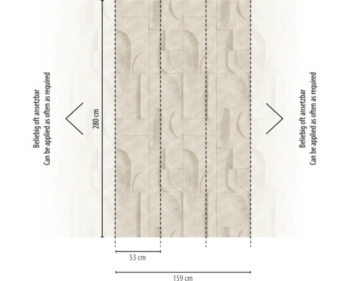 Fotobehang met geometrisch patroon in steenlook, hoogte 280 centimeter, breedte 159 centimeter, verdeeld in banen van 53 centimeter.